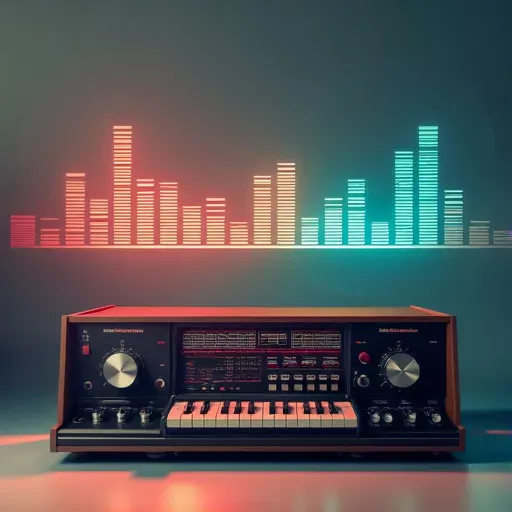 Vintage audio mixing console with sound waves.