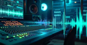 A modern recording studio rich in colour, reflecting the creative process of music production and licensing.